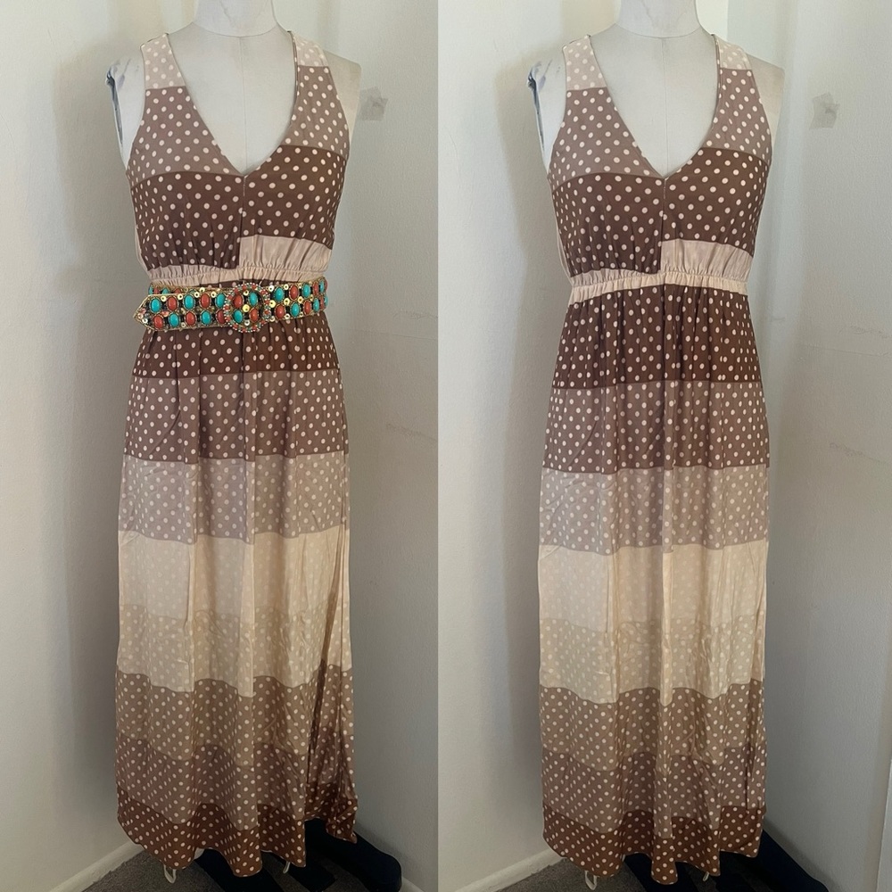 Vintage 1970s Brown Striped Polka Dot Maxi Dress with plunging neckline